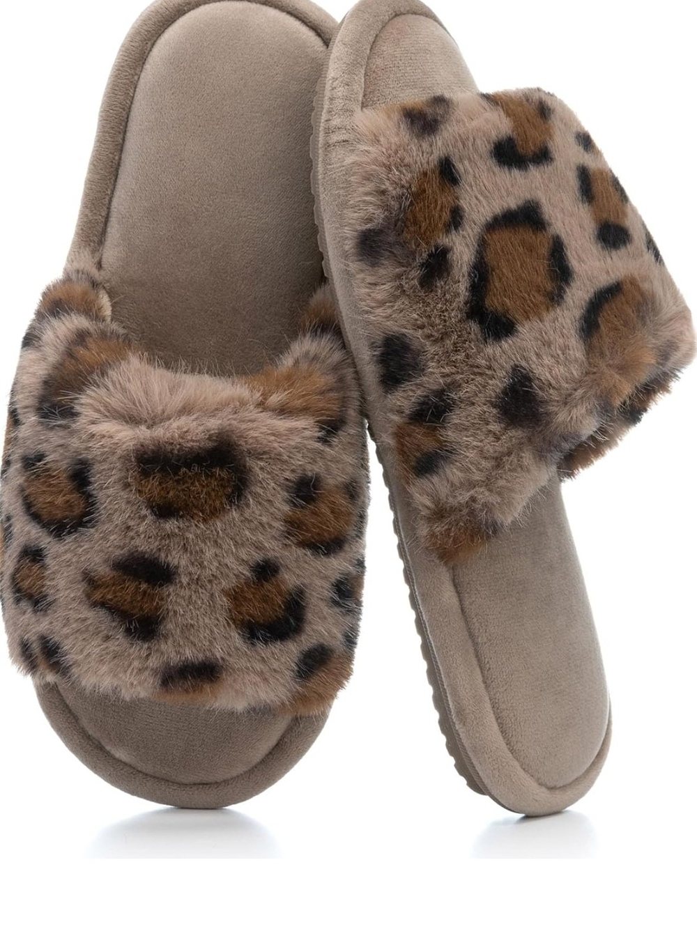 Leopard Faux-Fur Slide Slippers - Taupe